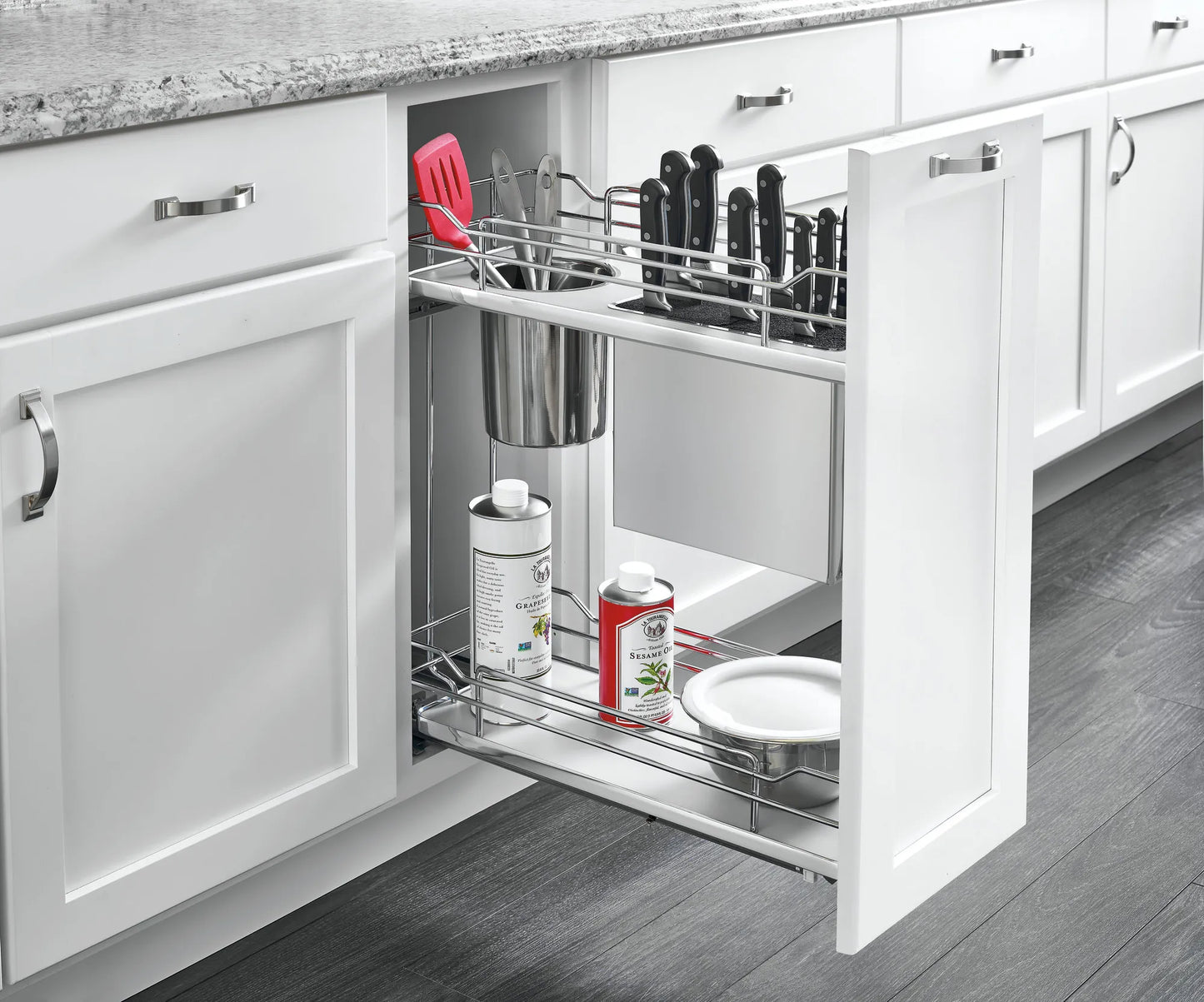 Rev-A-Shelf 5322KB Contemporary Cabinet Base Pull-Out Chrome Wire 2-Tier, Knife Block and Utensil Bin, with Blumotion Soft-Close Slides for 12" Full Access Base