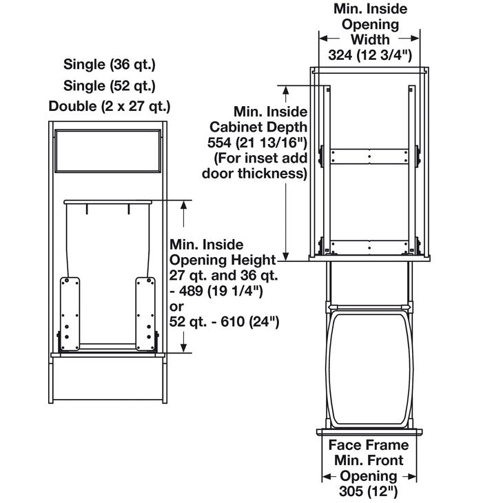 Hafele Single Built-In Bottom Mount MX Waste Bin Pull Out 36 qt or 52 qt