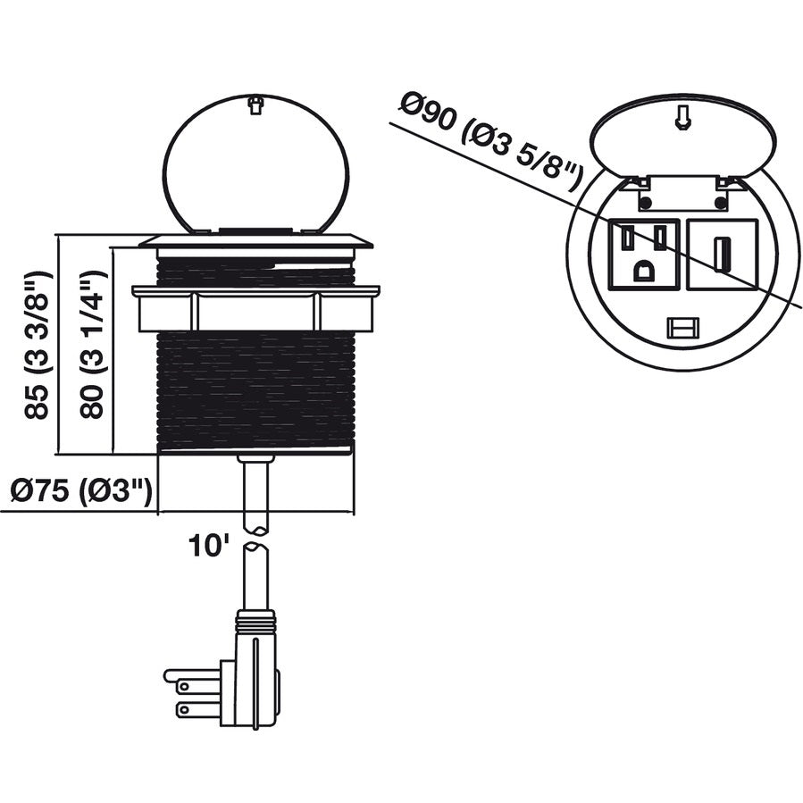 Hafele Flip-Up Power Station 250 with 1 AC Outlet, 1 USB