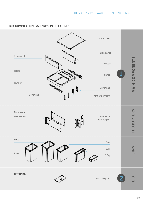 Vauth Sagel ENVI® Space XX 31 Quart Under Drawer Top Mount Waste Bin Pull Out with Soft Close, Triple Bin (for 22-1/2" Frameless Cabinet Opening, 24" Cabinet Width)