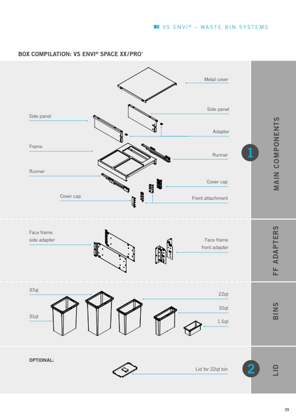 Vauth Sagel ENVI® Space XX 31 Quart Under Drawer Top Mount Waste Bin Pull Out with Soft Close, Triple Bin (for 22-1/2" Frameless Cabinet Opening, 24" Cabinet Width)