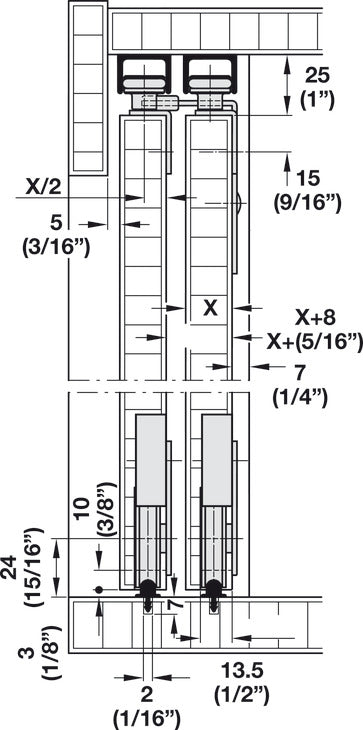 Hafele Slido F-Line15 55A Sliding Door Hardware, Three Door Set, Without Height Adjustment, For Door Weight 55 kg