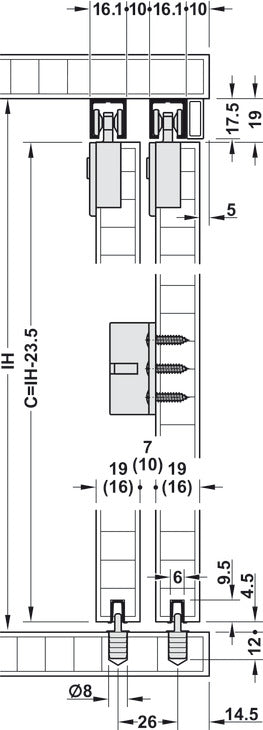 Hafele Slido F-Line21 12C Sliding Door Hardware, for door weights up to 12 kg, With soft closing mechanism on two sides