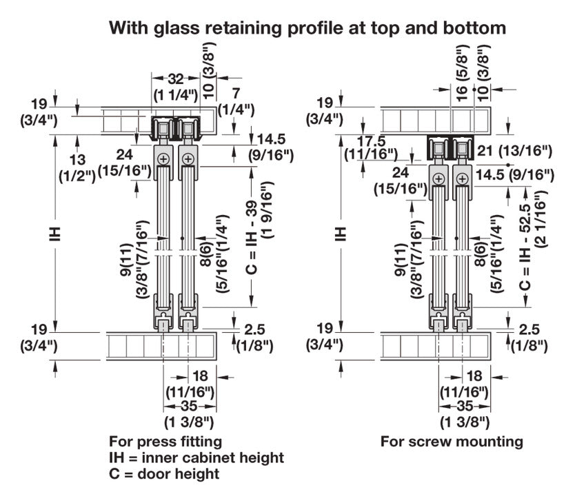 Hafele Slido F-Line21 12D Glass Door Hardware, One Door Set, With Clip-in Door Stopper