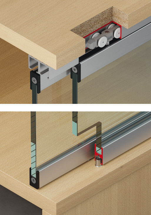Hafele Slido F-Line21 12D Glass Door Hardware, Two Door Set, With Clip-in Door Stopper