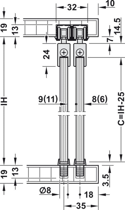 Hafele Slido F-Line21 12D Glass Door Hardware, Two Door Set, With Clip-in Door Stopper