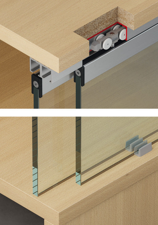 Hafele Slido F-Line21 12D Glass Door Hardware, Two Door Set, With Clip-in Door Stopper