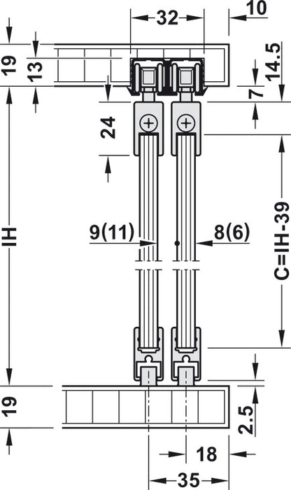 Hafele Slido F-Line21 12D Glass Door Hardware, Two Door Set, With Clip-in Door Stopper