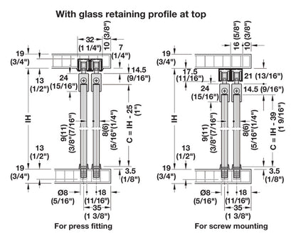Hafele Slido F-Line21 20D Glass Door Hardware, Two Door Set,With Soft Closing Mechanism One side