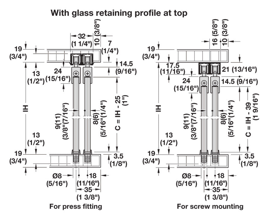 Hafele Slido F-Line21 20D Glass Door Hardware, Two Door Set, With Soft Closing Mechanism Both Sides