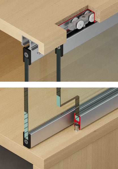 Hafele Slido F-Line21 12D Glass Door Hardware, Two Door Set, With Soft Closing Mechanism One side