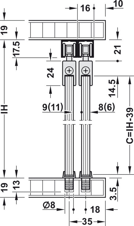 Hafele Slido F-Line21 12D Glass Door Hardware, Two Door Set, With Soft Closing Mechanism One side