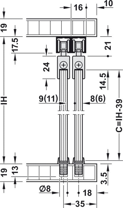Hafele Slido F-Line21 12D Glass Door Hardware, Two Door Set, With Soft Closing Mechanism One side