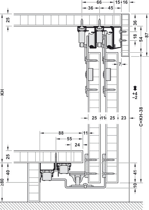 Hafele HAWA Combino 65 H MF  Sliding Door Hardware, Two Door Set