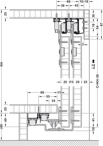 Hafele HAWA Combino 65 H MF  Sliding Door Hardware, Two Door Set