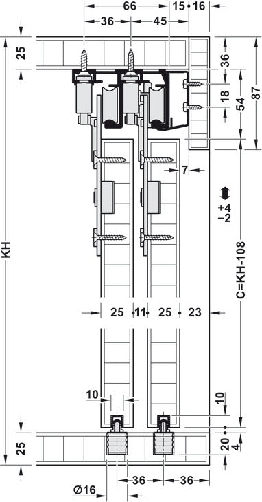 Hafele HAWA Combino 65 H IF Sliding Door Hardware, Three Door Set