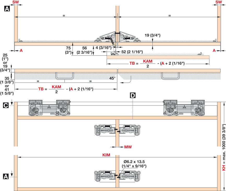 Hafele Coplanar Door, Hawa Frontino 20 H OS FB Sliding Door Hardware Set, for Upper Cabinets 1200-1399 mm