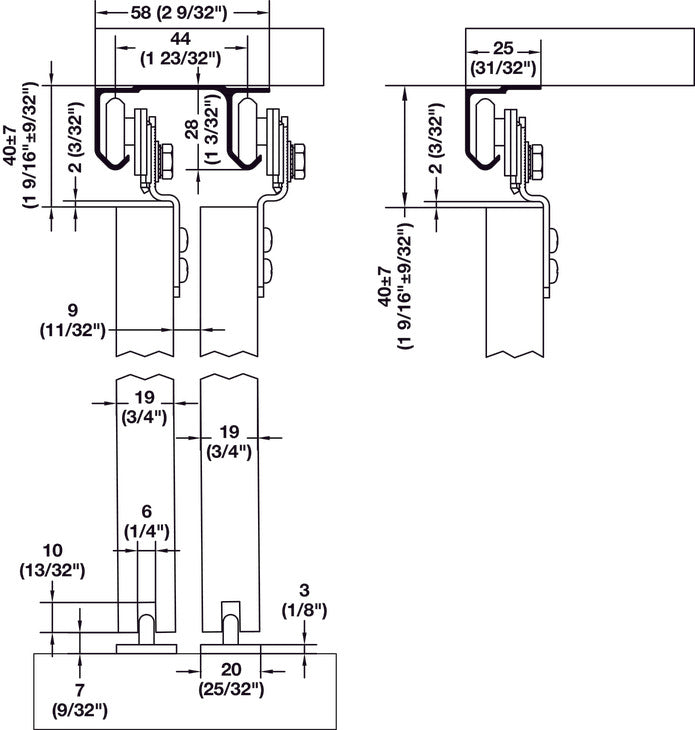 Hafele Hangar 14 IF Sliding Door Hardware Set, for door weight up to 20 kg (44 lbs.)