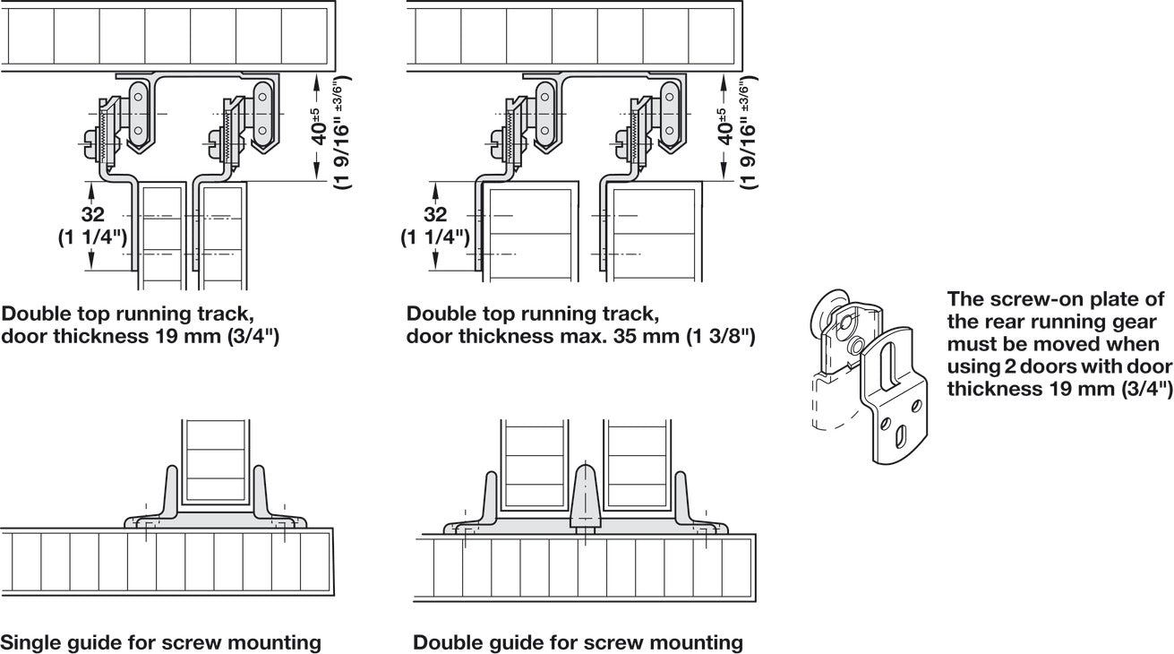 Hafele Double Wheel Running Gear, for Hangar Infront, for door weight up to 62 lbs