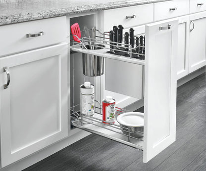 Rev-A-Shelf 5322KB Contemporary Cabinet Base Pull-Out Chrome Wire 2-Tier, Knife Block and Utensil Bin, with Blumotion Soft-Close Slides for 12" Full Access Base