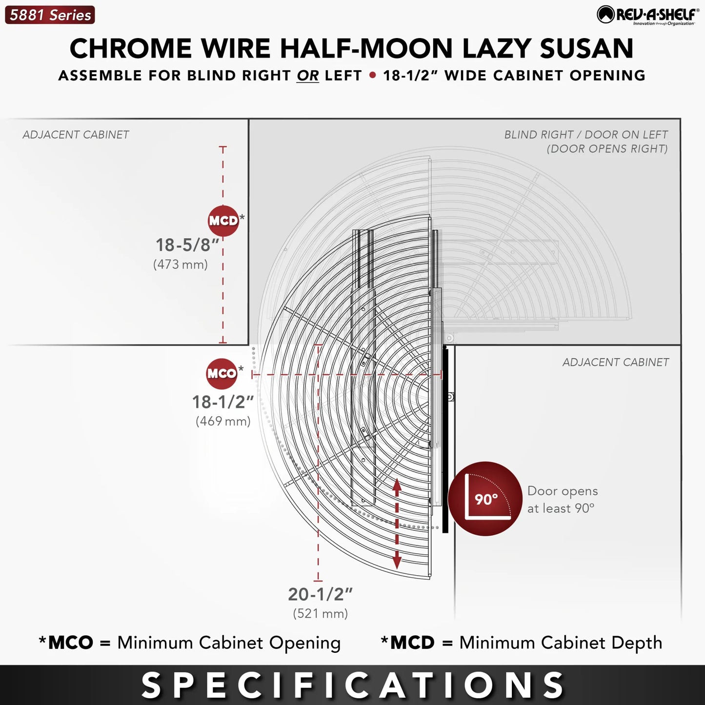 Rev-A-Shelf 5881 Series Chrome Wire Half-Moon Lazy Susan w/ Pivot and Slide