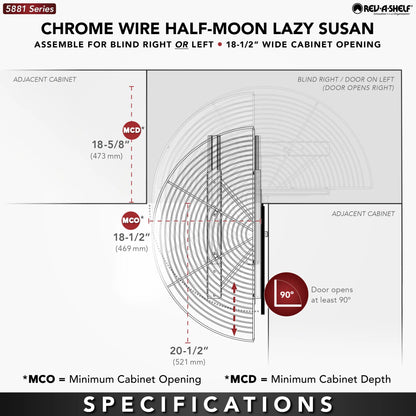 Rev-A-Shelf 5881 Series Chrome Wire Half-Moon Lazy Susan w/ Pivot and Slide