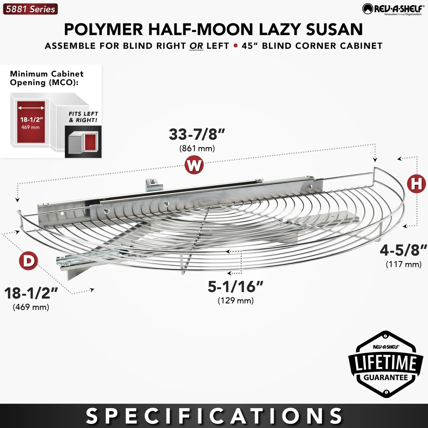 Rev-A-Shelf 5881 Series Chrome Wire Half-Moon Lazy Susan w/ Pivot and Slide