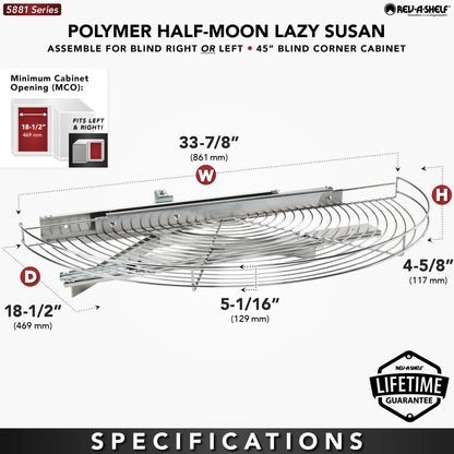 Rev-A-Shelf 5881 Series Chrome Wire Half-Moon Lazy Susan w/ Pivot and Slide