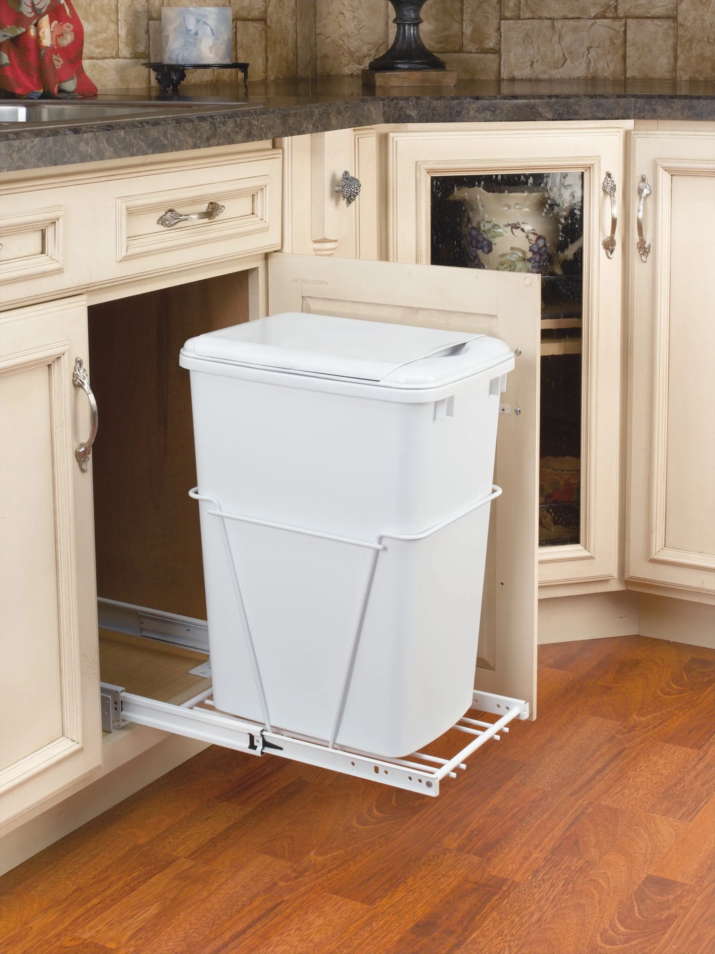 Rev-A-Shelf Wire Bottom Mount Waste Bin Pull Out, Single 35 Quart White