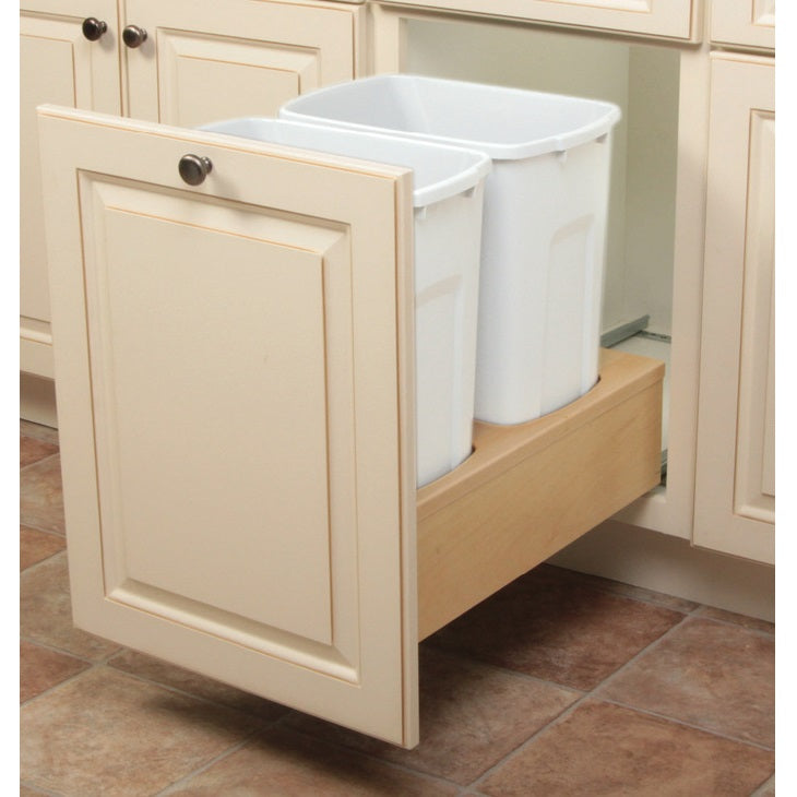 KV Bottom Mount Soft Close Double Waste Bin Pull Out Birch Frame, White Bin