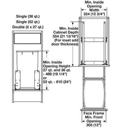 Hafele Single Built-In Bottom Mount MX Waste Bin Pull Out 36 qt or 52 qt