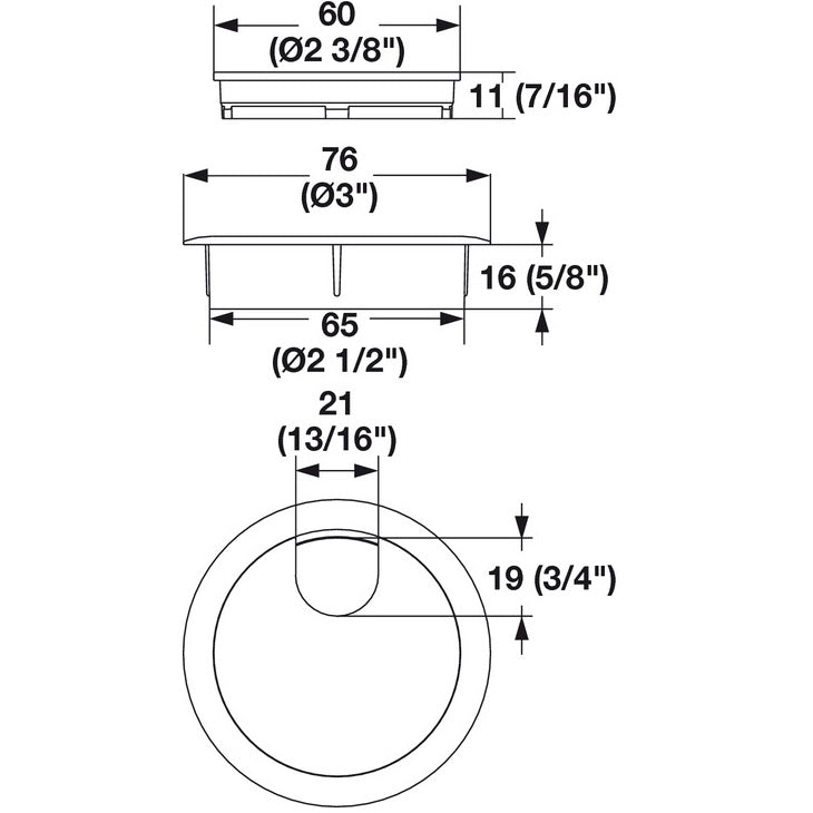 Hafele Round Two-Piece Cable Grommet 2-1/2" Diameter