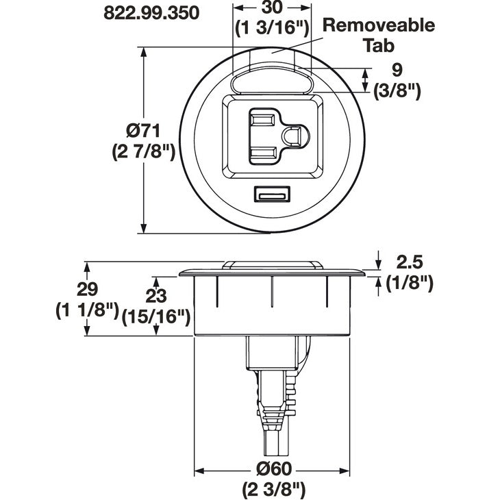 Hafele Charging Grommet with 1 AC Outlet, 1 USB Port